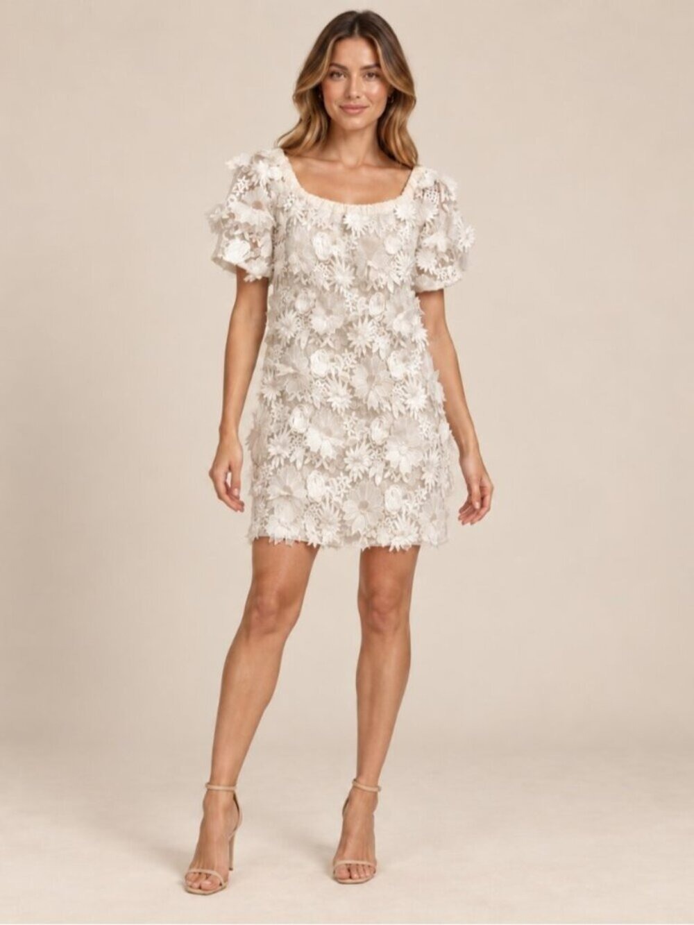 Alexis Ivory 3D Floral Appliqué Mini Dress Size Small 0864
